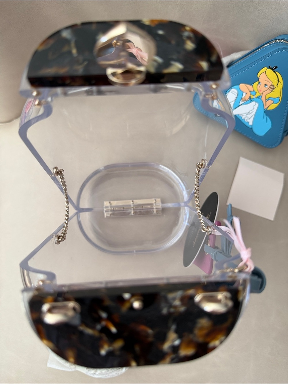 Kate Spade X Disney clear jar crossbody with blue Alice applique and pink tag - Picture 8 of 13